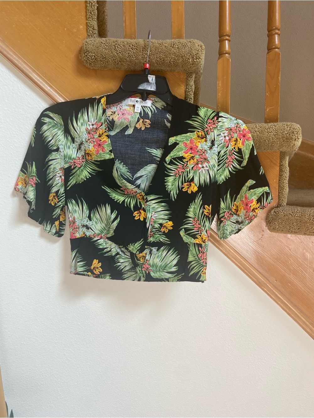 Tropical Print V-Neck Cropped Tee Button-Down, like new, young adult size M
